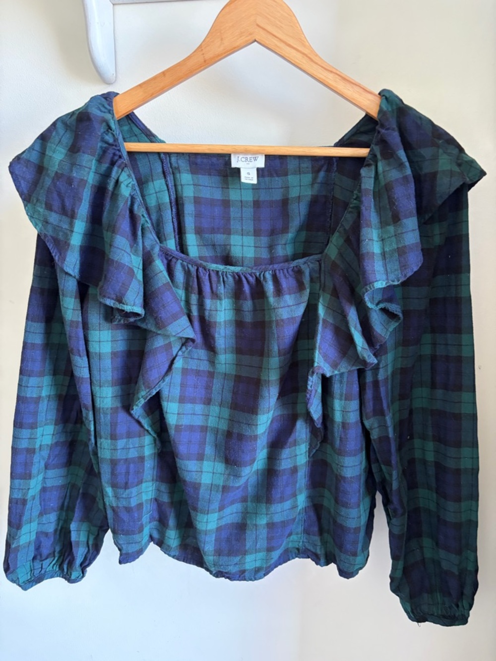 J. Crew Navy & Green Plaid Ruffle Peasant Blouse